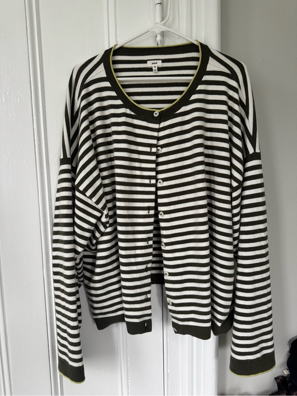 Striped Crewneck Button-Front Sweater in Olive & White - American Eagle